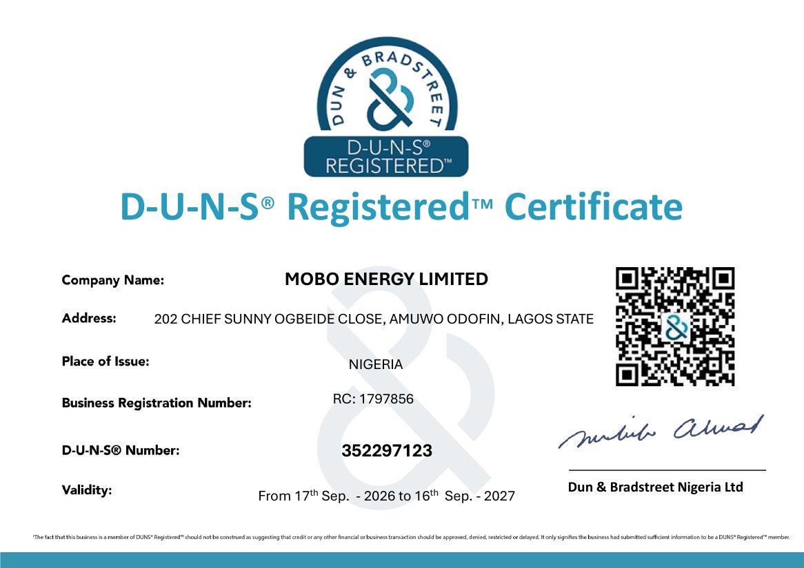 Mobo Energy Limited D-U-N-S Registered Certificate issued by Dun & Bradstreet Nigeria